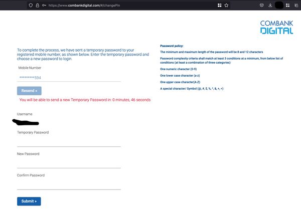 Combank Digital dumb password rule screenshot